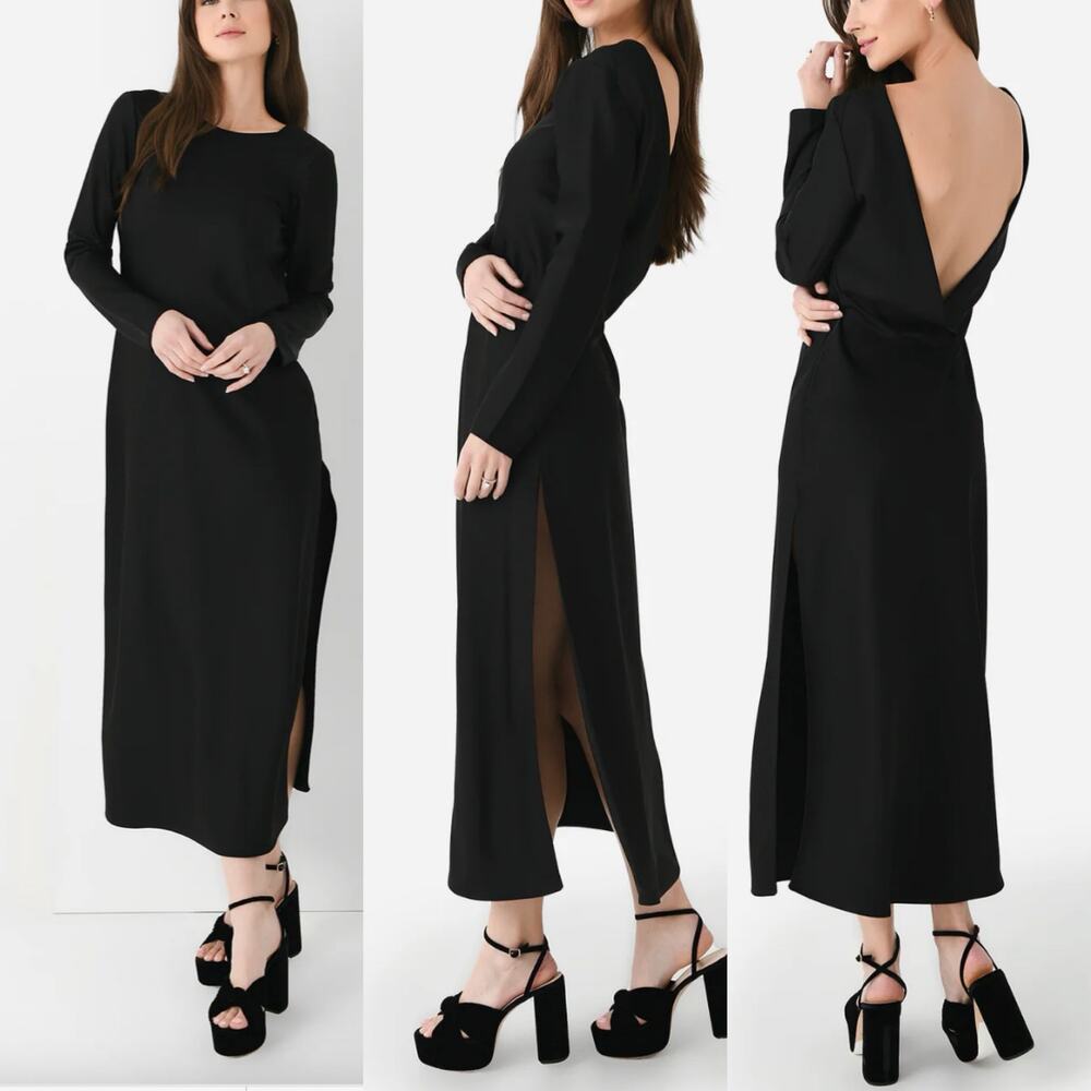 LESET WOMEN'S BLACK BARB V-BACK BIAS MIDI DRESS SZ L